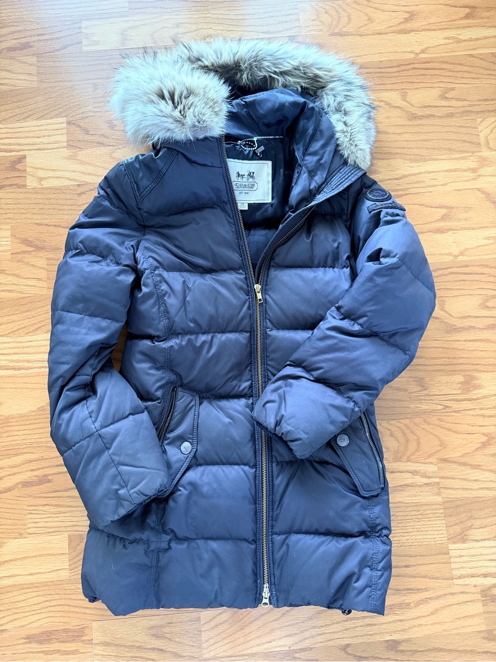 Coach Women's Navy Quilted Puffer Coat with Fur Hood